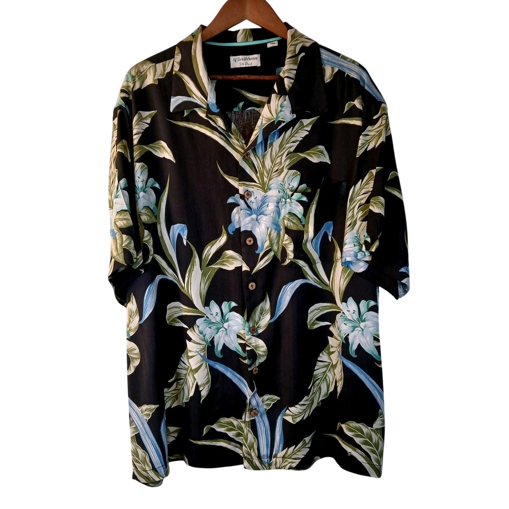 Caribbean‎ Silk Blend Mens Hawaiian Shirt Sz 2XB Summer Vacation Travel Resort